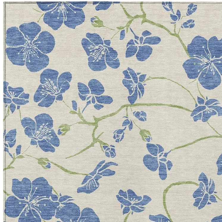 3' X 5' Linen Blue And Green Floral Washable Indoor Outdoor Area Rug
