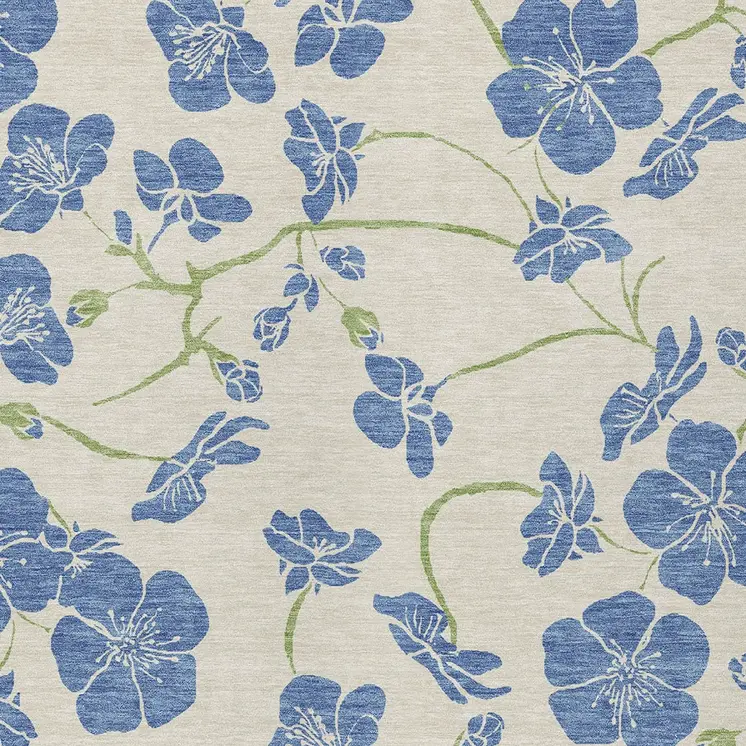5' X 8' Linen Blue And Green Floral Washable Indoor Outdoor Area Rug