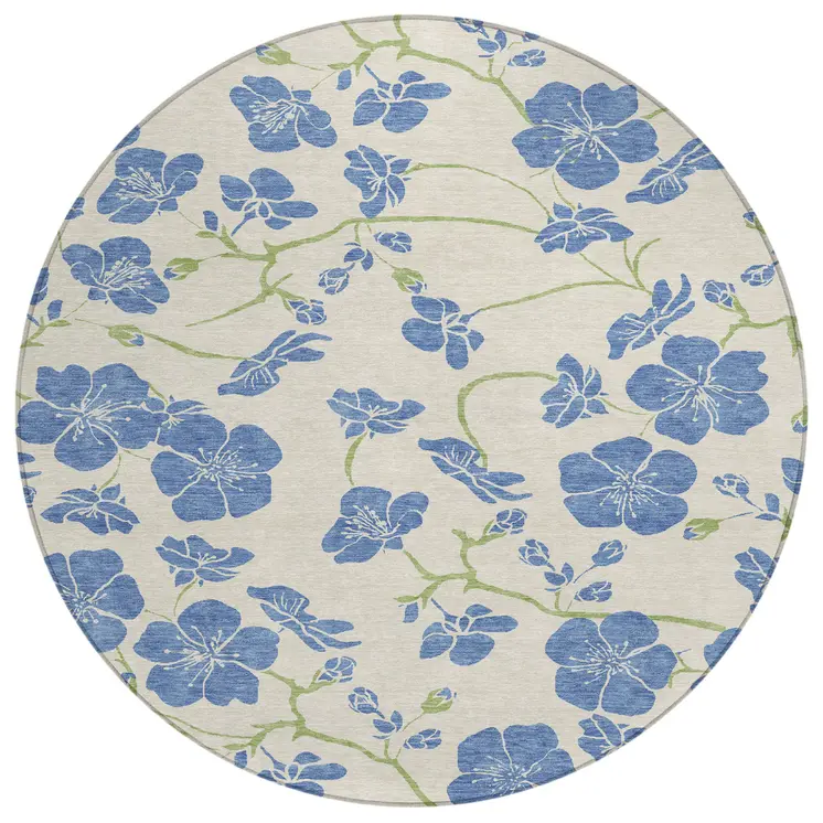 8' Linen Blue And Green Round Floral Washable Indoor Outdoor Area Rug