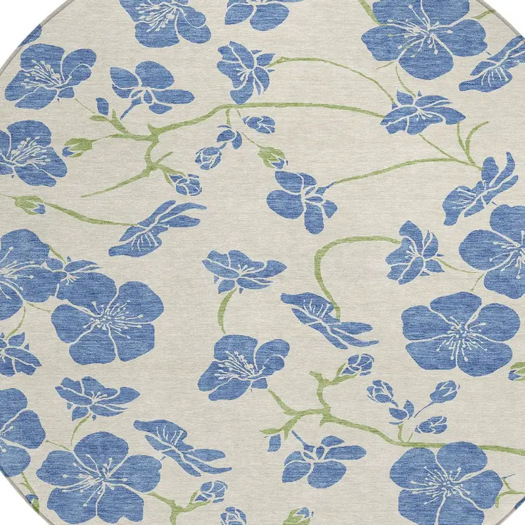 8' Linen Blue And Green Round Floral Washable Indoor Outdoor Area Rug
