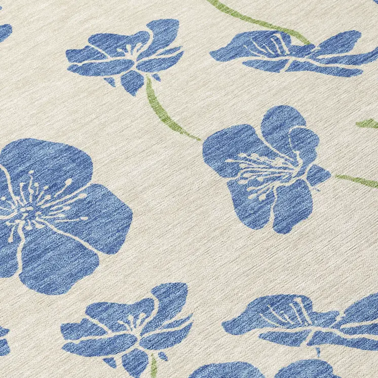 8' Linen Blue And Green Round Floral Washable Indoor Outdoor Area Rug