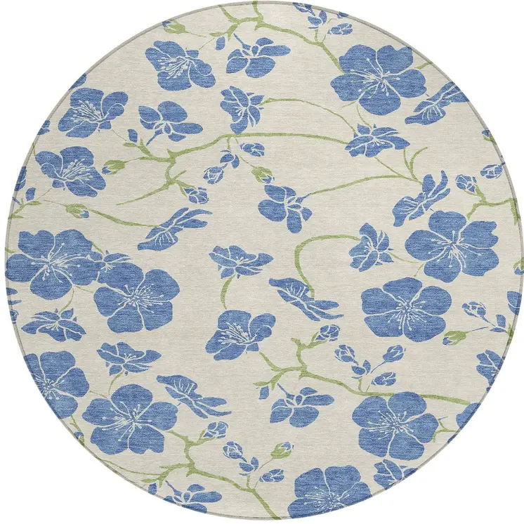 8' Linen Blue And Green Round Floral Washable Indoor Outdoor Area Rug