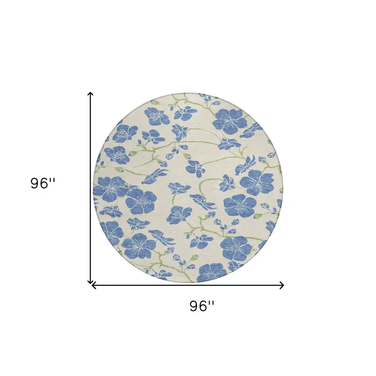 8' Linen Blue And Green Round Floral Washable Indoor Outdoor Area Rug
