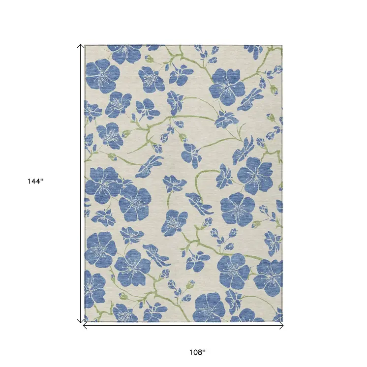 9' X 12' Linen Blue And Green Floral Washable Indoor Outdoor Area Rug