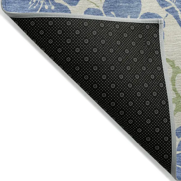 9' X 12' Linen Blue And Green Floral Washable Indoor Outdoor Area Rug