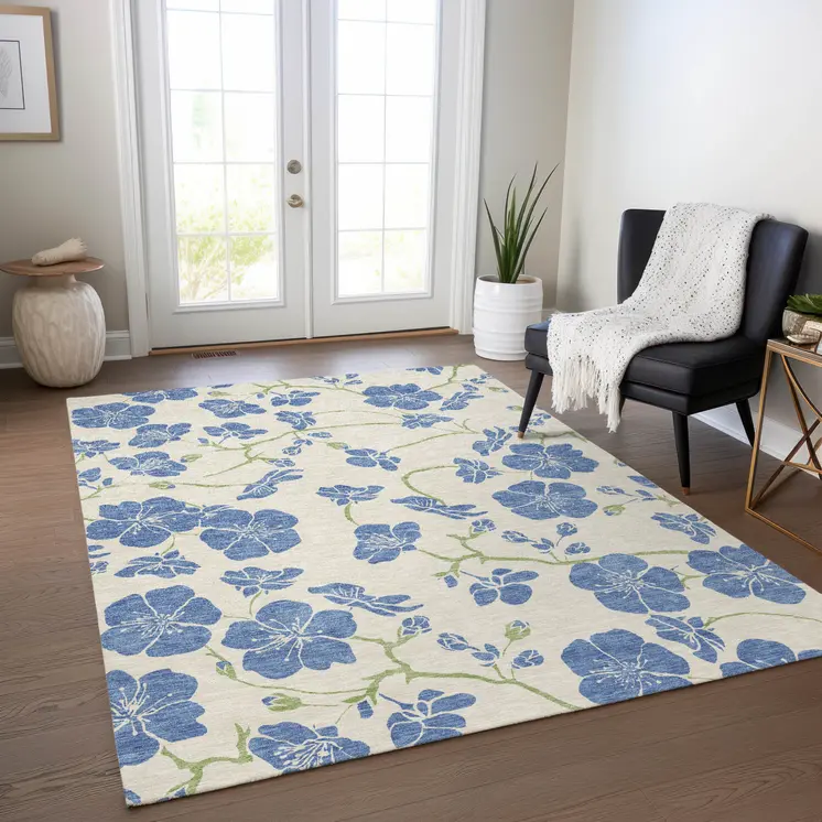 9' X 12' Linen Blue And Green Floral Washable Indoor Outdoor Area Rug