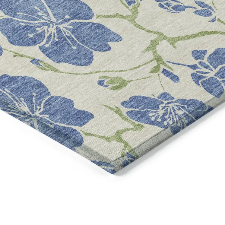 10' X 14' Linen Blue And Green Floral Washable Indoor Outdoor Area Rug