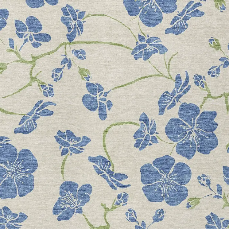 10' X 14' Linen Blue And Green Floral Washable Indoor Outdoor Area Rug