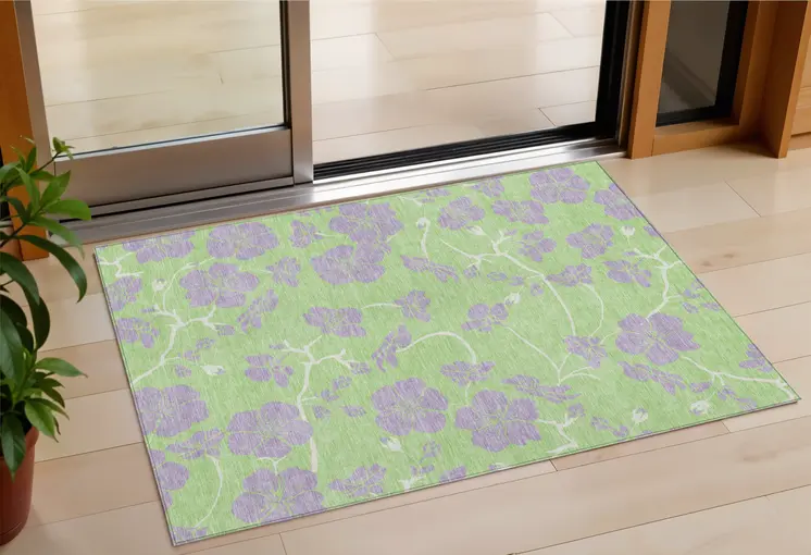3' X 5' Mint Green Purple And Ivory Floral Washable Indoor Outdoor Area Rug