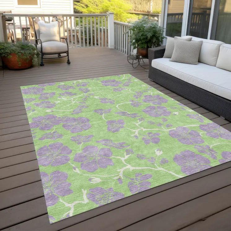 3' X 5' Mint Green Purple And Ivory Floral Washable Indoor Outdoor Area Rug
