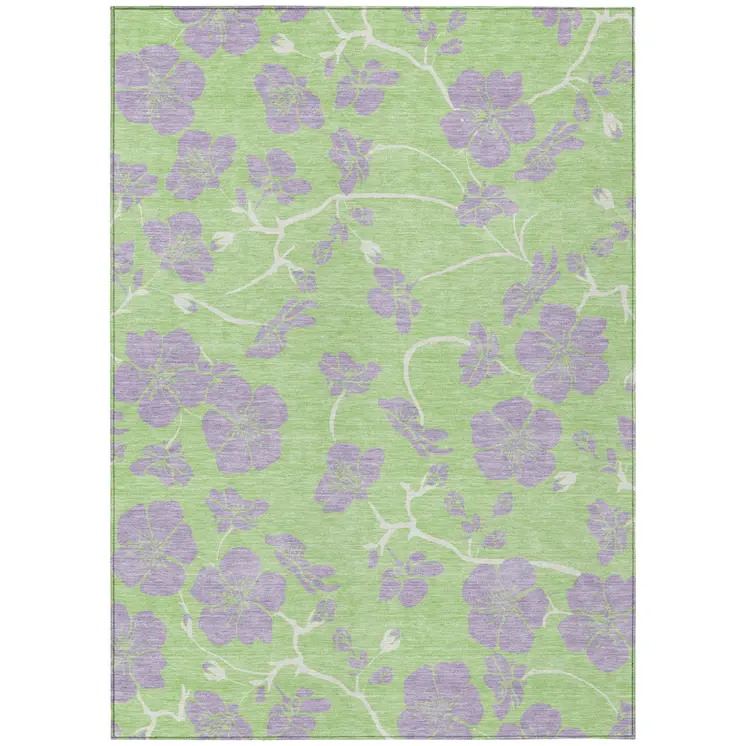 3' X 5' Mint Green Purple And Ivory Floral Washable Indoor Outdoor Area Rug