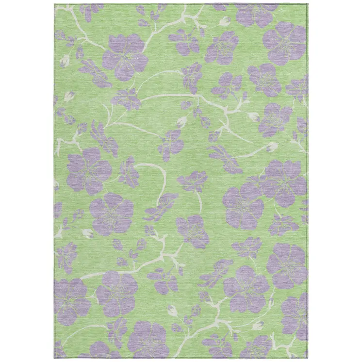 3' X 5' Mint Green Purple And Ivory Floral Washable Indoor Outdoor Area Rug