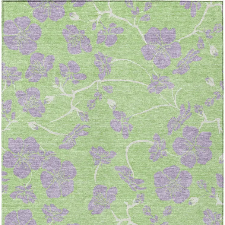 5' X 8' Mint Green Purple And Ivory Floral Washable Indoor Outdoor Area Rug