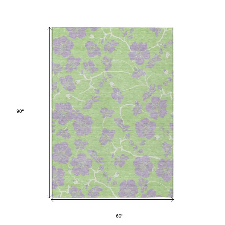 5' X 8' Mint Green Purple And Ivory Floral Washable Indoor Outdoor Area Rug