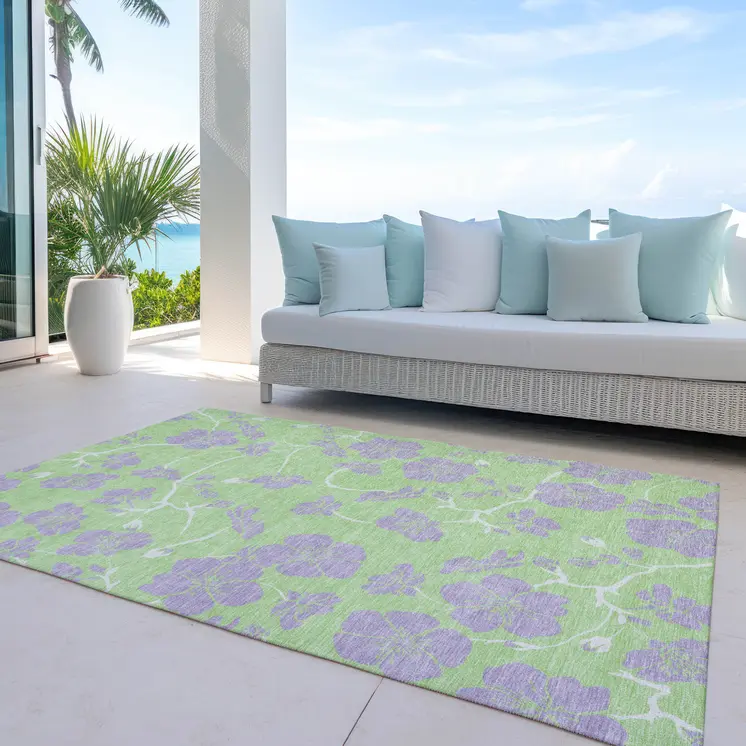 5' X 8' Mint Green Purple And Ivory Floral Washable Indoor Outdoor Area Rug