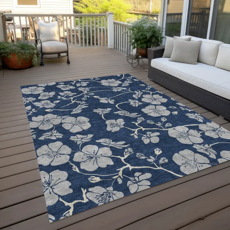 3' X 5' Navy Blue And Gray Floral Washable Indoor Outdoor Area Rug