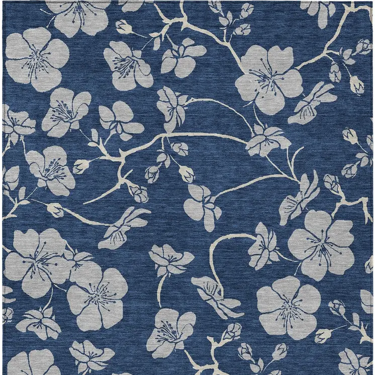 3' X 5' Navy Blue And Gray Floral Washable Indoor Outdoor Area Rug