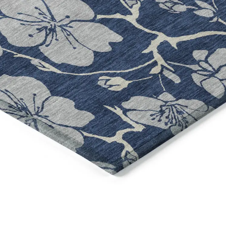 3' X 5' Navy Blue And Gray Floral Washable Indoor Outdoor Area Rug