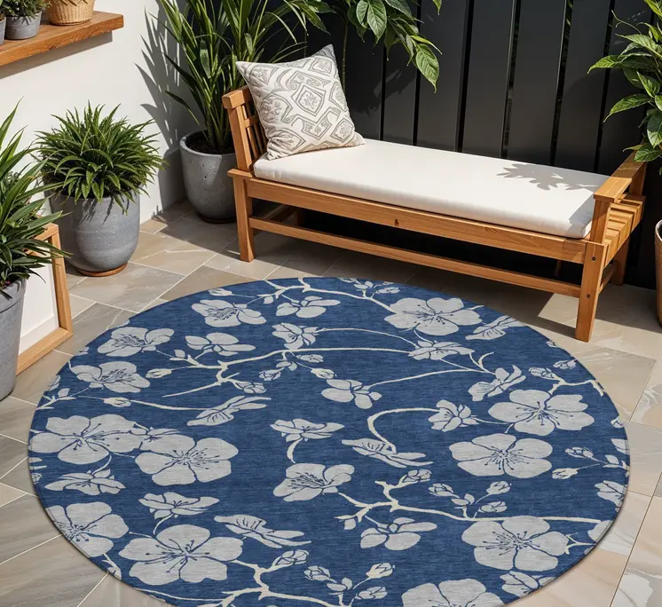 8' Navy Blue And Gray Round Floral Washable Indoor Outdoor Area Rug