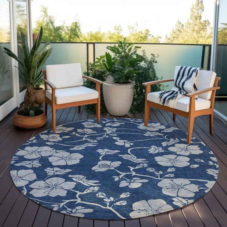 8' Navy Blue And Gray Round Floral Washable Indoor Outdoor Area Rug