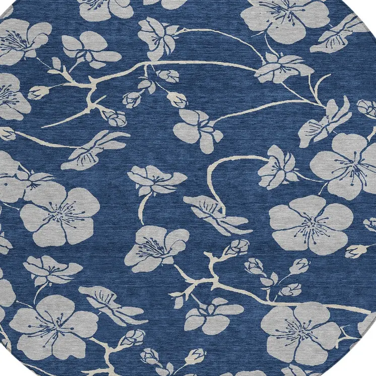 8' Navy Blue And Gray Round Floral Washable Indoor Outdoor Area Rug