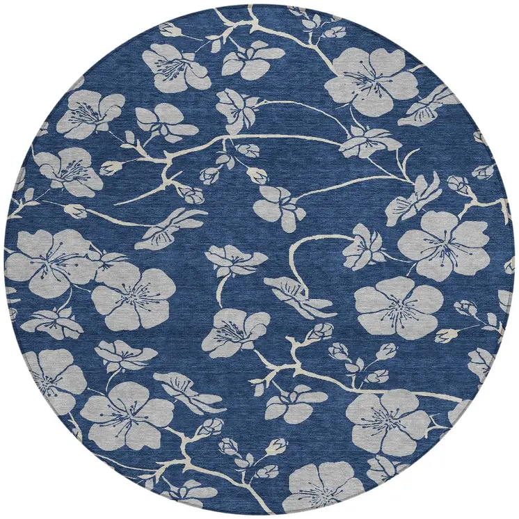 8' Navy Blue And Gray Round Floral Washable Indoor Outdoor Area Rug