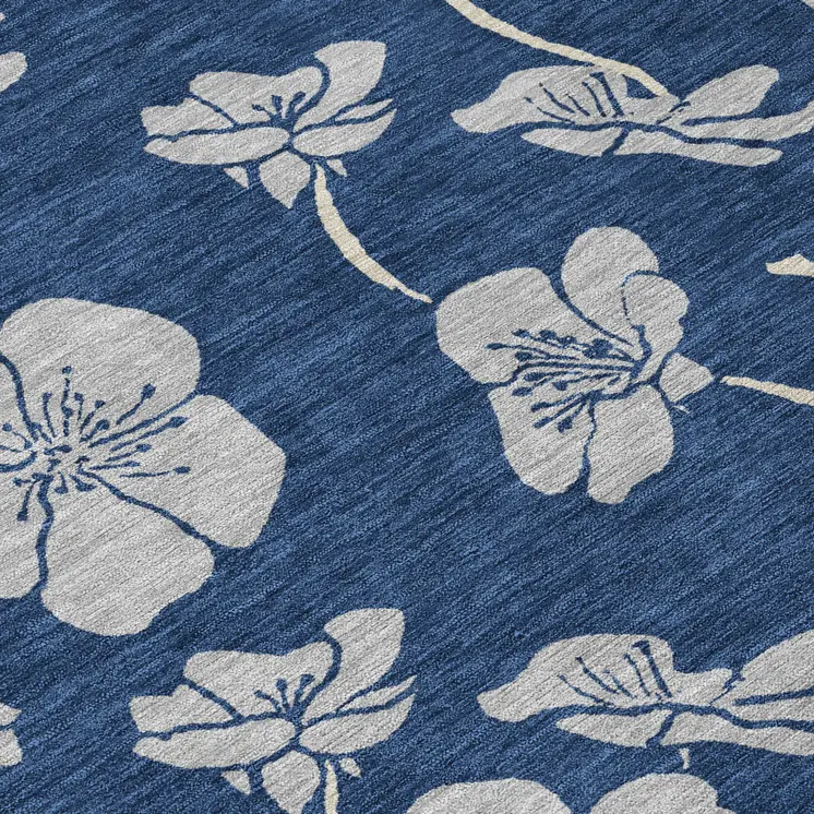 8' Navy Blue And Gray Round Floral Washable Indoor Outdoor Area Rug