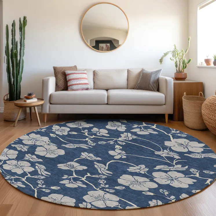 8' Navy Blue And Gray Round Floral Washable Indoor Outdoor Area Rug