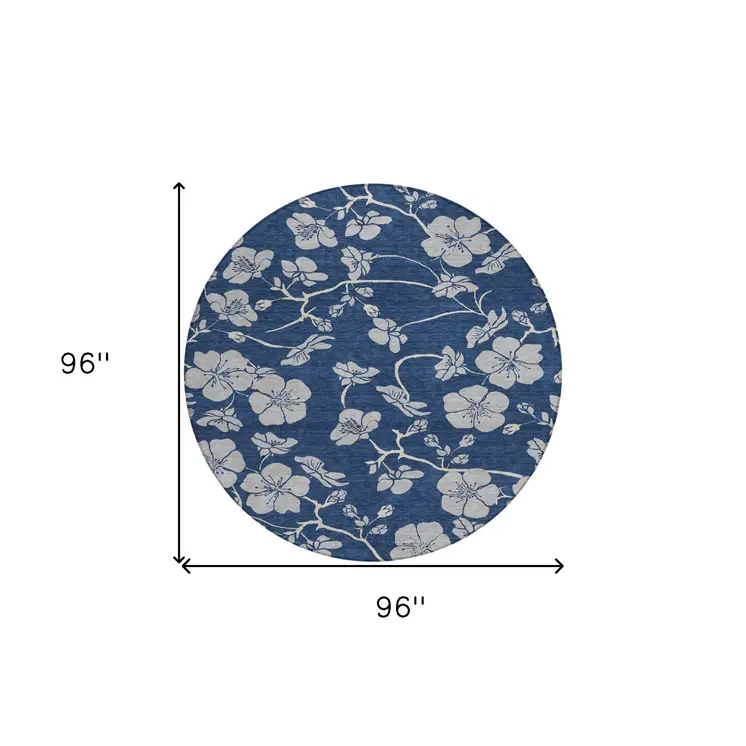 8' Navy Blue And Gray Round Floral Washable Indoor Outdoor Area Rug