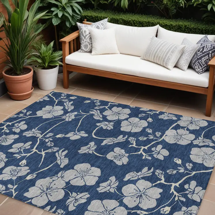 9' X 12' Navy Blue And Gray Floral Washable Indoor Outdoor Area Rug