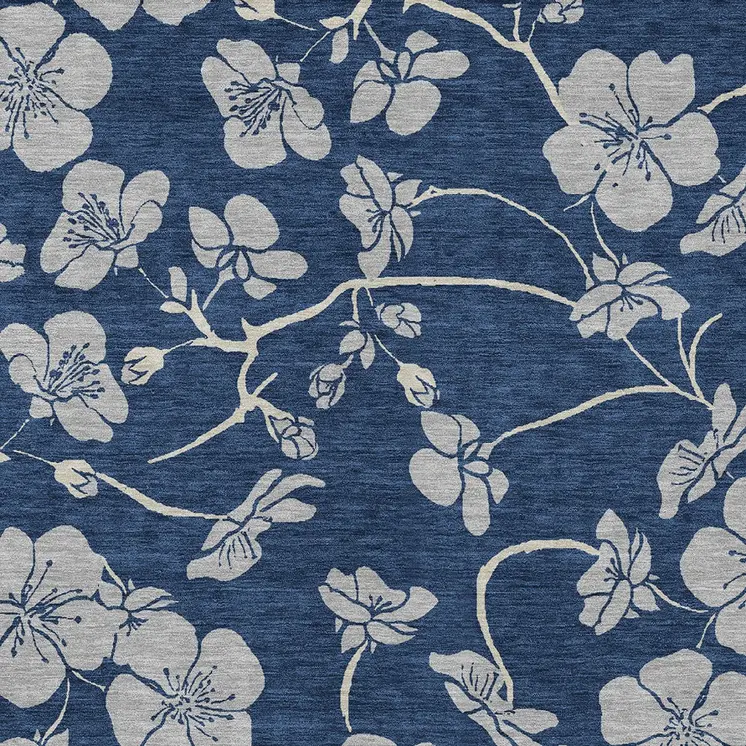 9' X 12' Navy Blue And Gray Floral Washable Indoor Outdoor Area Rug
