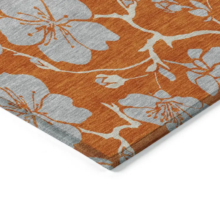 5' X 8' Orange And Gray Floral Washable Indoor Outdoor Area Rug