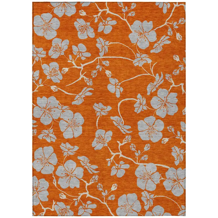 9' X 12' Orange And Gray Floral Washable Indoor Outdoor Area Rug