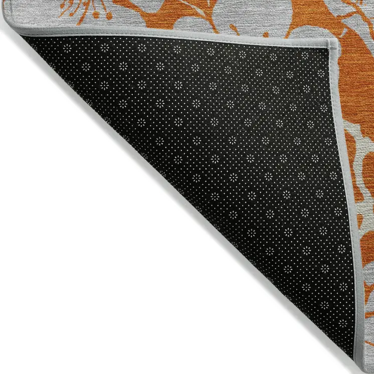9' X 12' Orange And Gray Floral Washable Indoor Outdoor Area Rug