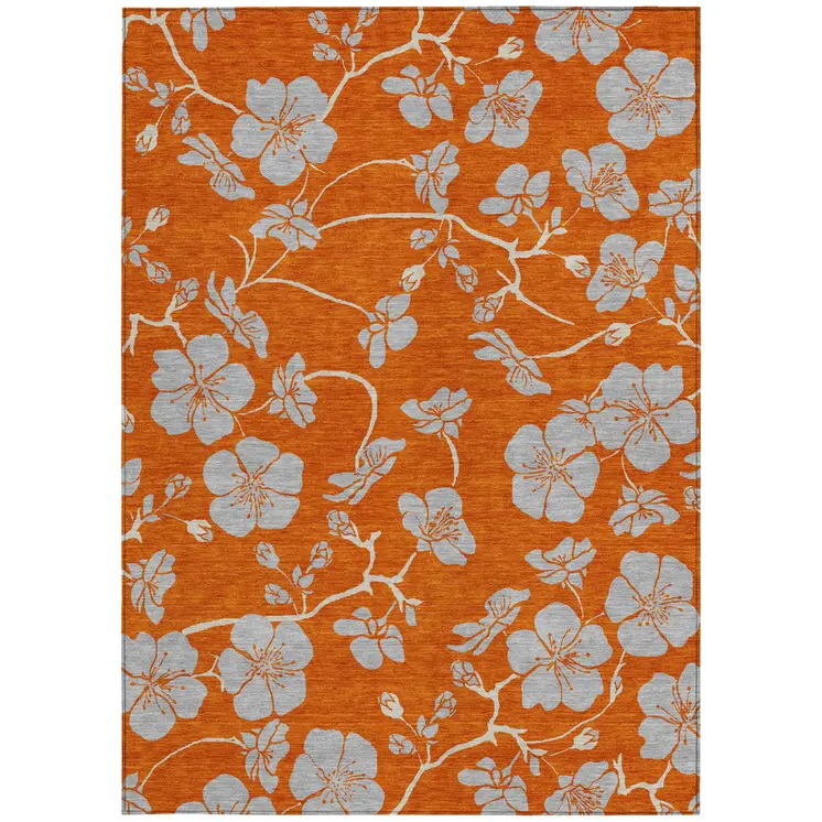 10' X 14' Orange And Gray Floral Washable Indoor Outdoor Area Rug