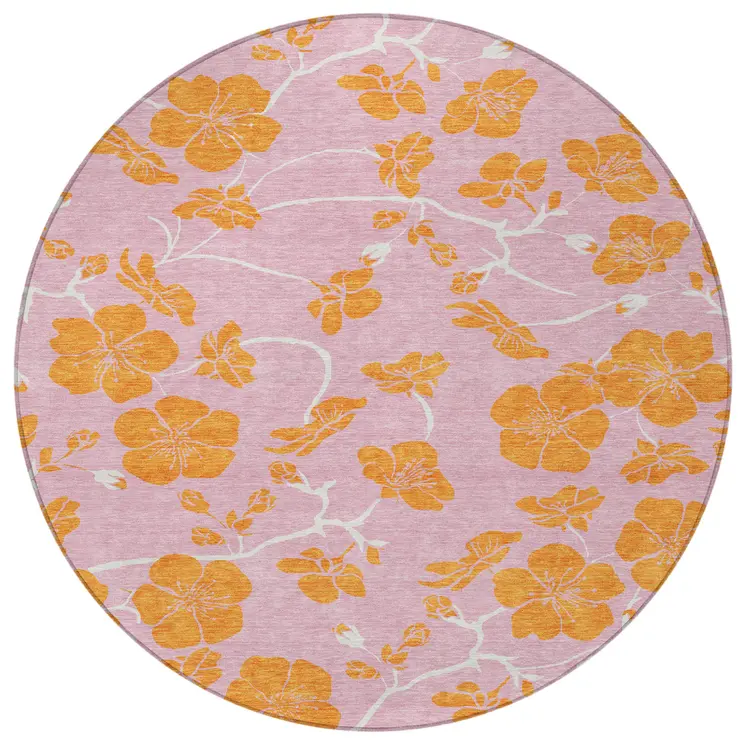 8' Pink And Copper Round Floral Washable Indoor Outdoor Area Rug