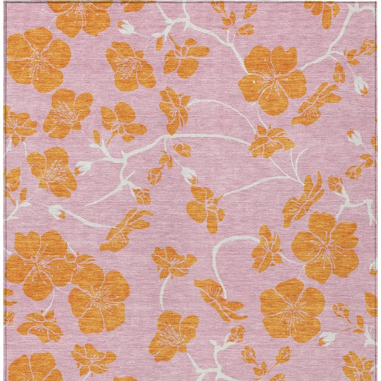 10' X 14' Pink And Copper Floral Washable Indoor Outdoor Area Rug