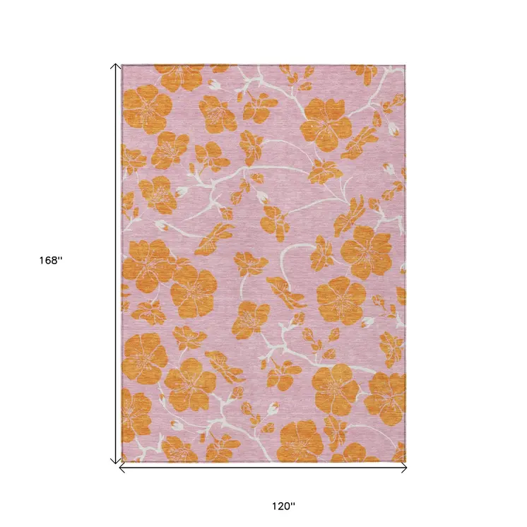 10' X 14' Pink And Copper Floral Washable Indoor Outdoor Area Rug
