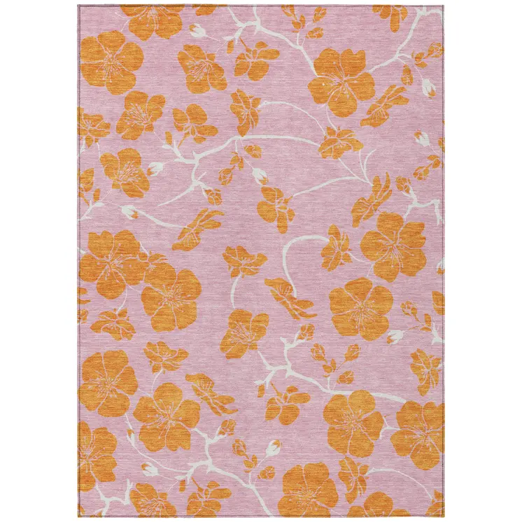 10' X 14' Pink And Copper Floral Washable Indoor Outdoor Area Rug