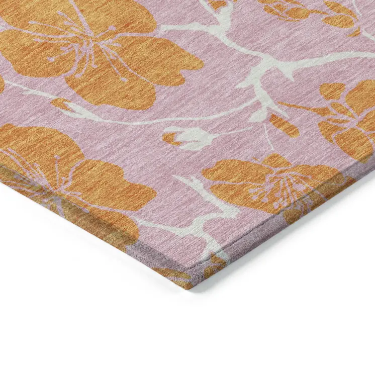 10' X 14' Pink And Copper Floral Washable Indoor Outdoor Area Rug