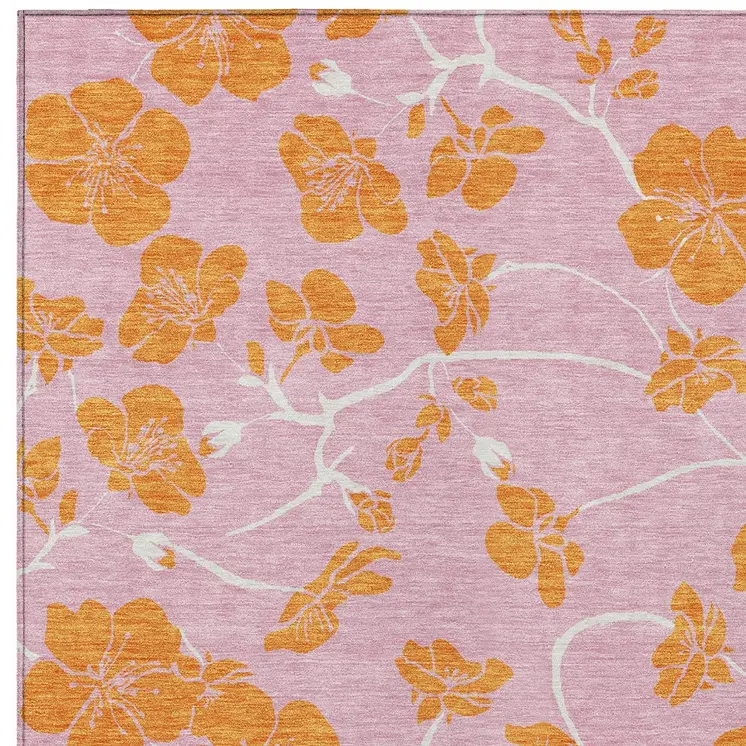 10' X 14' Pink And Copper Floral Washable Indoor Outdoor Area Rug