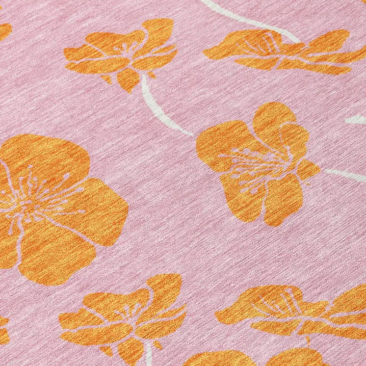 10' X 14' Pink And Copper Floral Washable Indoor Outdoor Area Rug