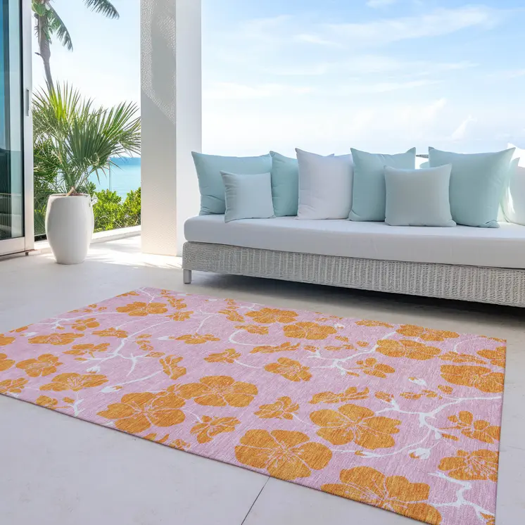 10' X 14' Pink And Copper Floral Washable Indoor Outdoor Area Rug
