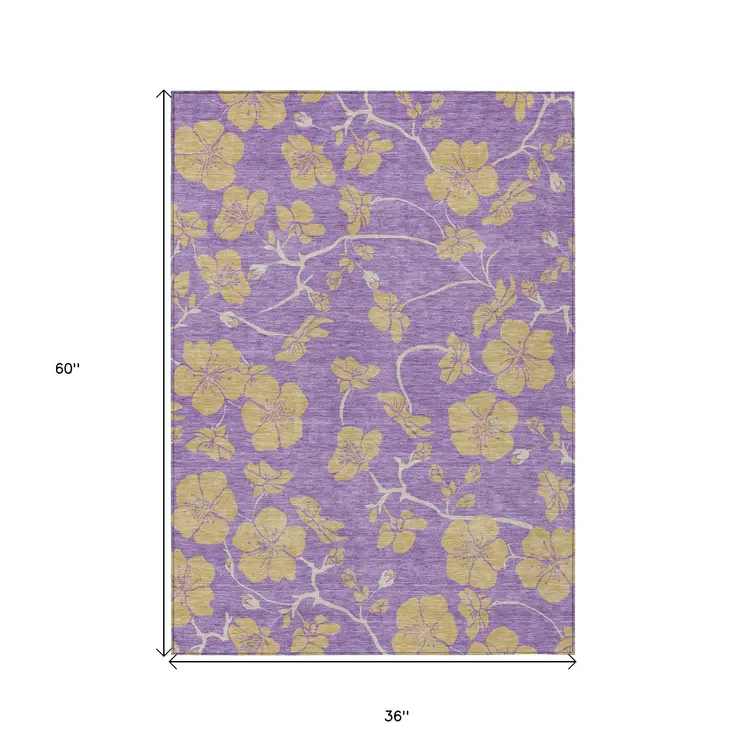 3' X 5' Purple And Gold Floral Washable Indoor Outdoor Area Rug