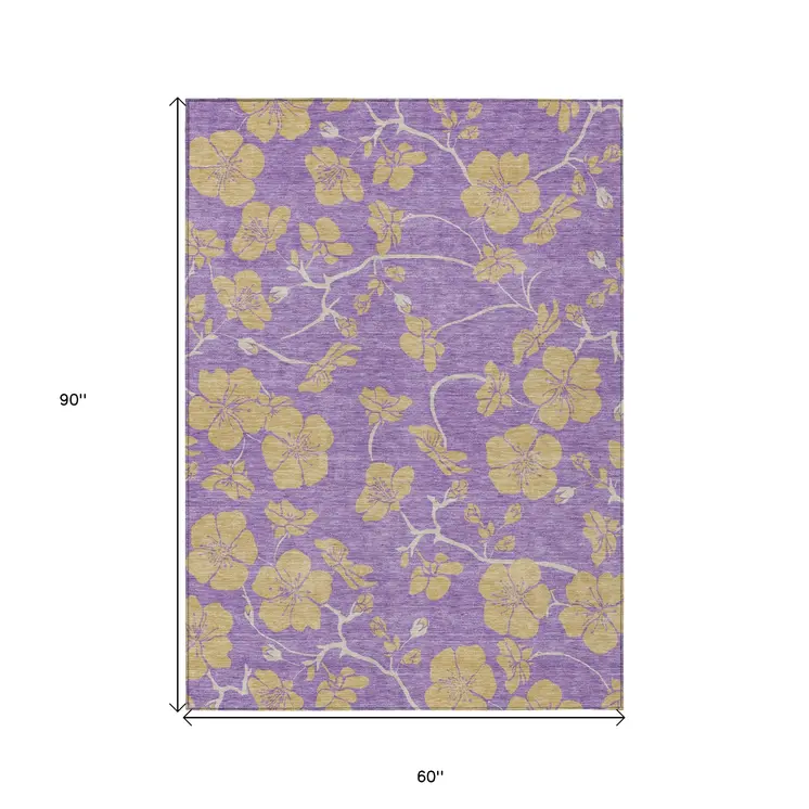 5' X 8' Purple And Gold Floral Washable Indoor Outdoor Area Rug