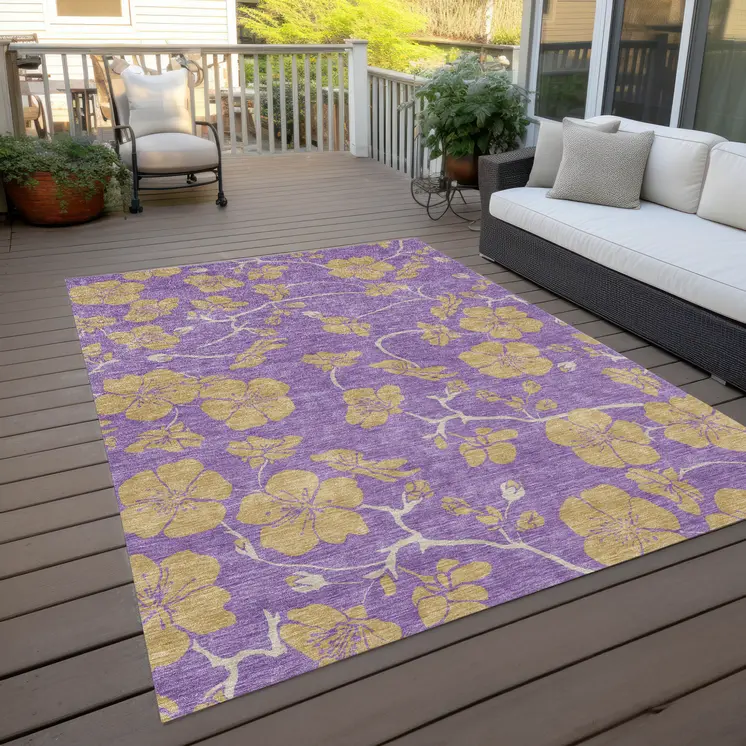 5' X 8' Purple And Gold Floral Washable Indoor Outdoor Area Rug
