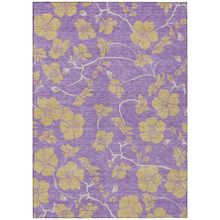 5' X 8' Purple And Gold Floral Washable Indoor Outdoor Area Rug