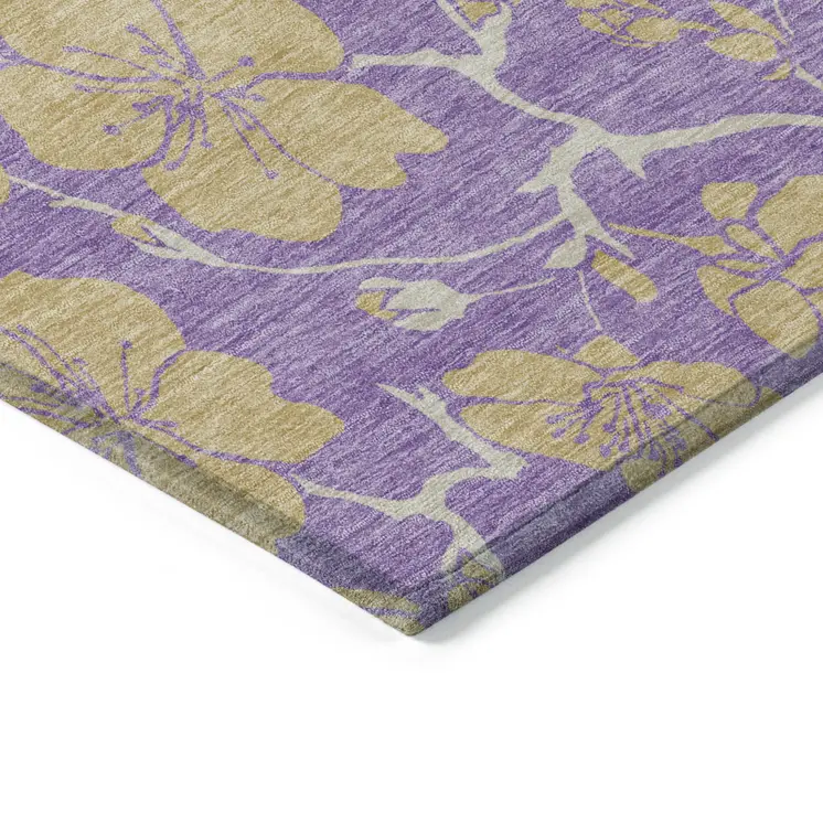 5' X 8' Purple And Gold Floral Washable Indoor Outdoor Area Rug