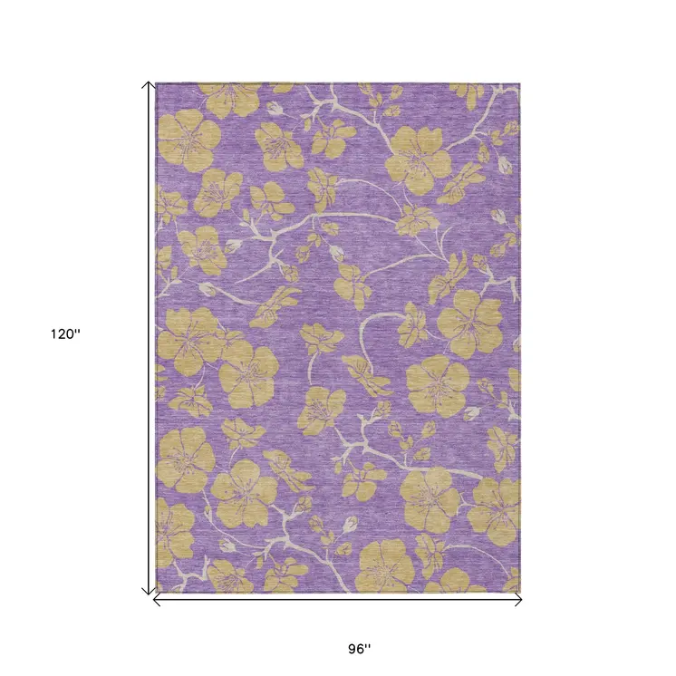 8' X 10' Purple And Gold Floral Washable Indoor Outdoor Area Rug