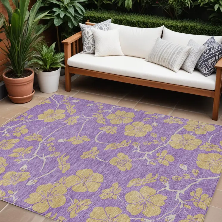 9' X 12' Purple And Gold Floral Washable Indoor Outdoor Area Rug